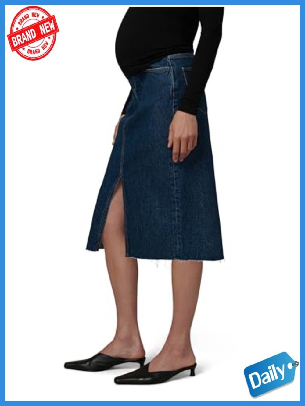 Maternity Denim Knee Length Skirt High Waist Raw Hem Straight